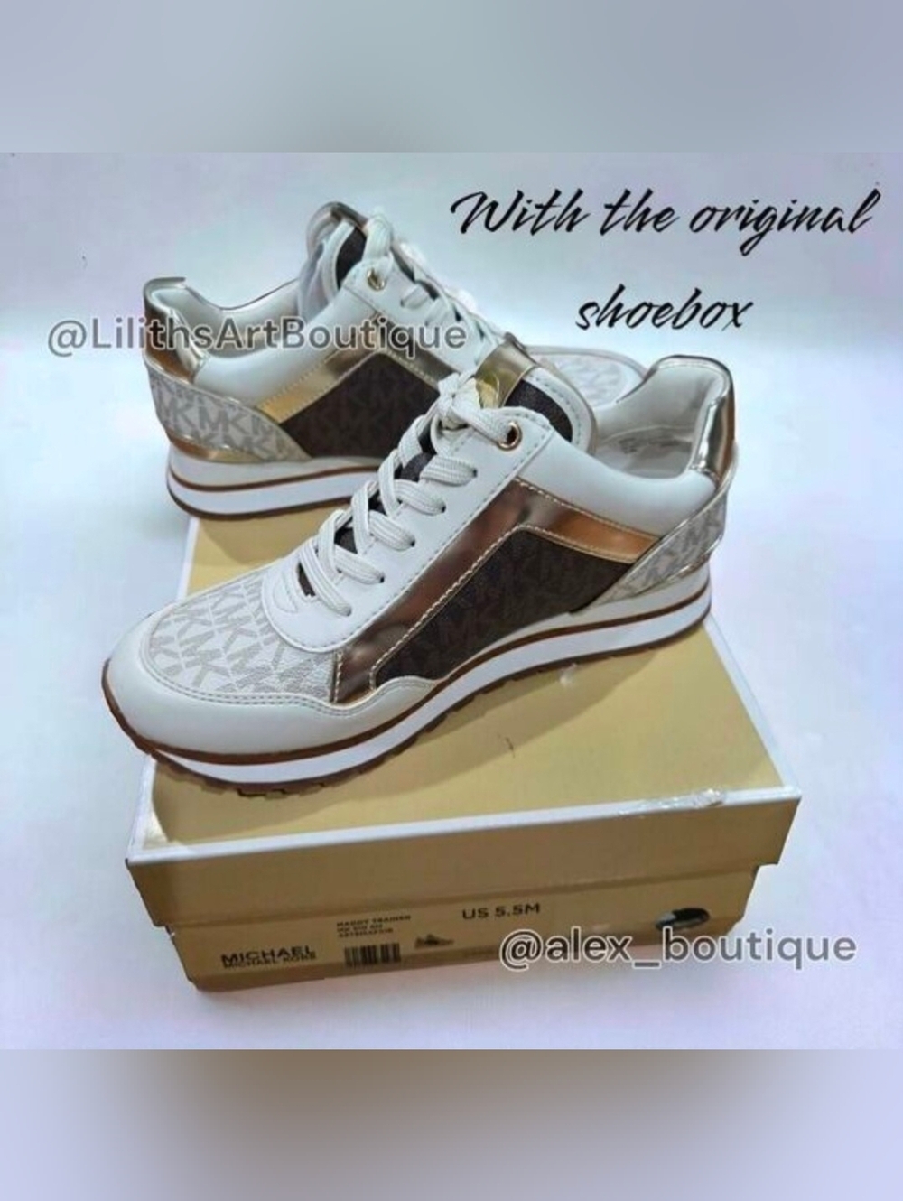 Michael Kors Maddy Vanilla/ Brown Two-Tone Logo Trainer Women's Sneakers 5.5 - Picture 12 of 13